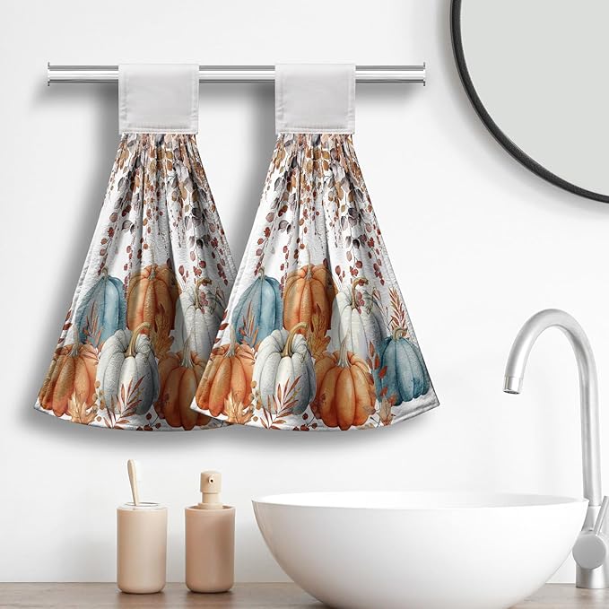 Fall Pumpkins Kitchen Hand Towels with Loop 2 Pcs Autumn Leaves Pumpkin Hanging Dish Towels Soft Absorbent Tie Towel Dishcloths for Bathroom Kitchen Washroom 17 x 12 in