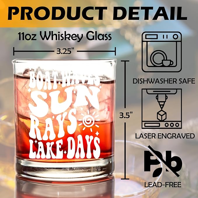 kunlisa Lake House Gifts Whiskey Glasses, Lake Lovers Gifts, Boat Waves Sun Rays Lakes Days 10 oz Drinking Rocks Glasses for Women Men Whisky Cocktail Scotch Bourbon Liquor