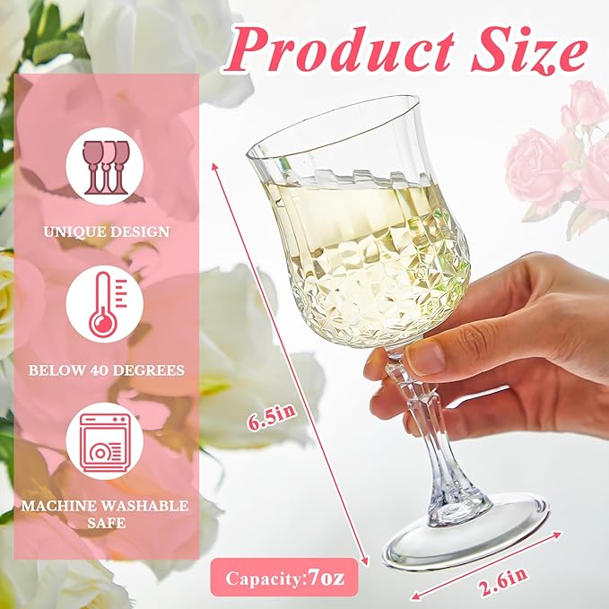 Pinkunn 6 Pcs 7 oz Plastic Vintage Wine Glasses Reusable Colored Goblets Patterned Drinking Water Glasses Cup Dishwasher Safe for Christmas Wedding Reception Party Supplies (Transparent)