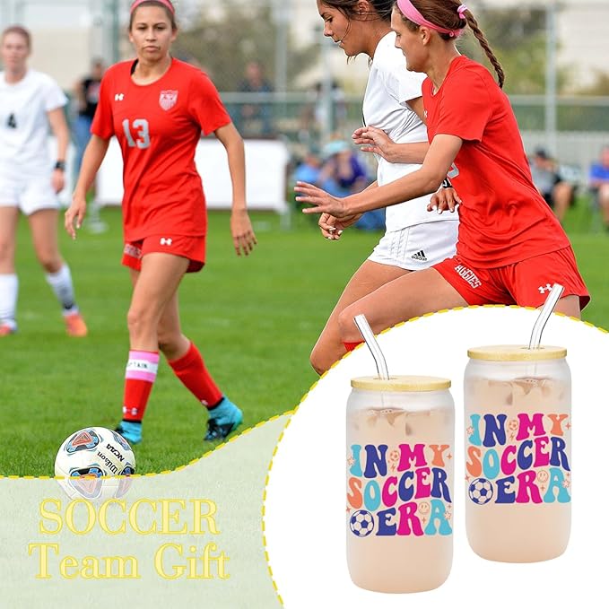 Soccer Gifts for Girls, Iced Coffee Cup, 16 oz Glass Cups with Lids Straws, Soccer Accessories, Birthday Christmas Gifts for Women Mom Coach Players Teams, Party Favors