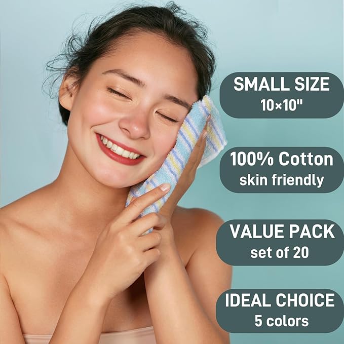 20 Pack Small Face Wash Cloths, 10x10 Inch Cotton Soft Hand Towel, Comfortable Striped Fingertip Towel for Sensitive Skin, Reusable Makeup Remover Cloth, Absorbent Cleaning Rag, 5 Colors