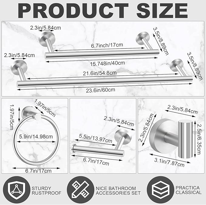 Gisafai 30 Pcs Bathroom Hardware Set, 23.6 Inch Brushed Towel Bar Ring Toilet Paper Holder Robe Towel Hook, SUS304 Stainless Steel Bathroom Accessory Set Wall Mounted (Silver)