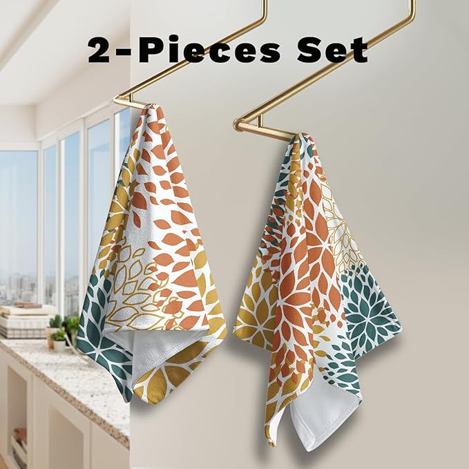 Dahlia Floral Hand Towel Set of 2 Orange and Yellow Teal Flower Kitchen Dish Towels Green Tea Towel Soft Washcloths Towel Set for Bathroom Gym Hotel Spa 28.3 x 14.4 Inch