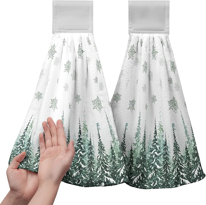 Winter Pine Trees Hanging Kitchen Towels 2pcs Snowflakes Hand Towel with Hanging Loop Winter Green Snow Tie Towels Soft Absorbent Dish Towel Decorative for Kitchen Farmhouse