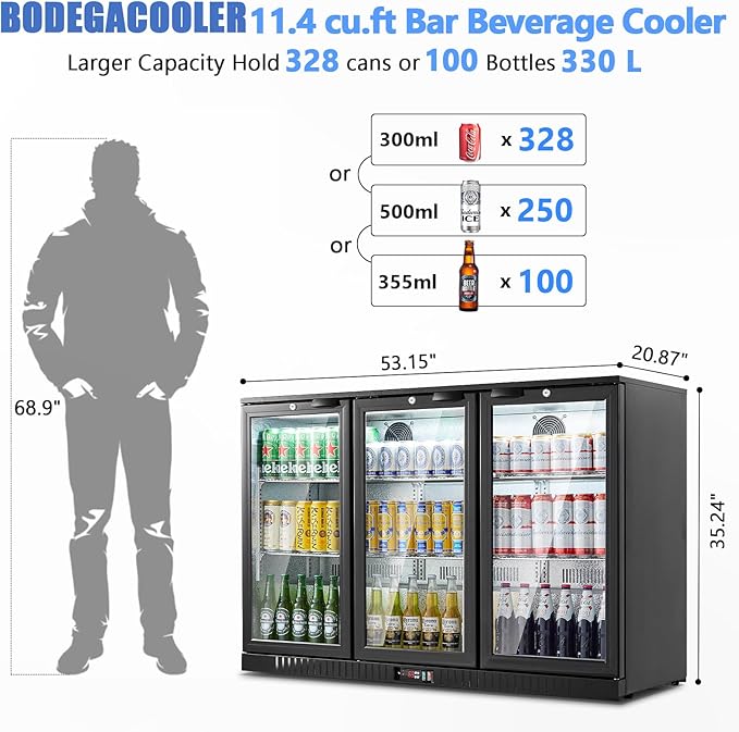BODEGACOOLER Back Bar Cooler With 3 Glass Doors,Counter Height Commercial Beverage Refrigerator,11.4 Cu.Ft Display Bar Beverage Fridge with LED Lighting,21 inch Cooler for Beer,Soda Drinks,Wine