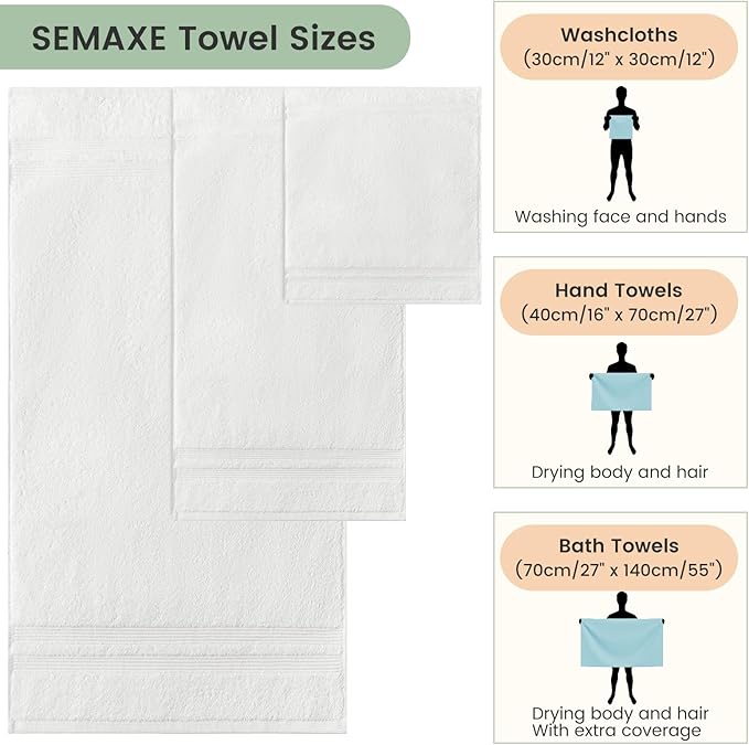 SEMAXE Solid 6-Piece Towel Set, White, 600GSM 100% Cotton, 2 Each of Bath Towel, Hand Towel, and Washcloths, Gift Box Packaging, Hanging Loop Design