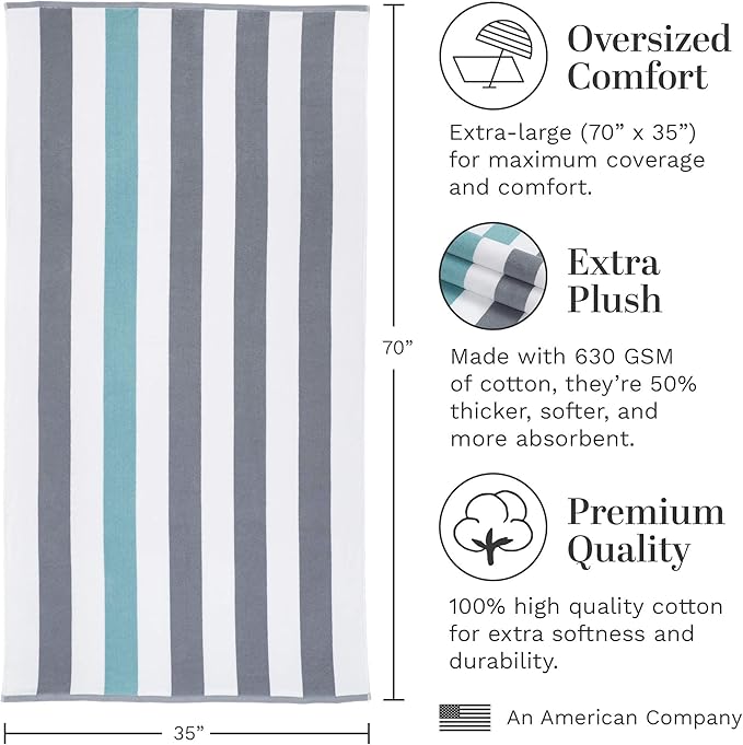 Laguna Beach Textile Co. Striped Cabana Beach Towel - Oversized, Plush 630 GSM Cotton - Stone Gray and Sea Glass Green