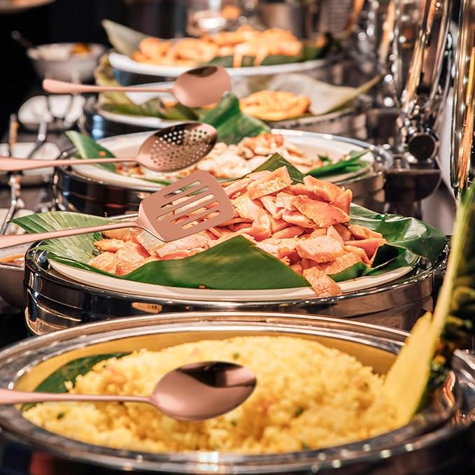 Copper Serving Utensils Set - Rose Gold Stainless Steel Flatware Set 11- Pieces Cake Knife Serving Fork Spoon Skimmer Pasta Ladle Spatula Perfect for Home Kitchen and Special Occasions