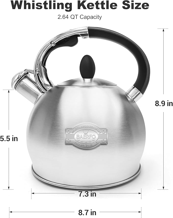 Stainless Steel Tea Kettle, Tea Kettles Stovetop, Vintage Whistling Teapot for Stove, Durable and Rust-Resistant, with a Pot Holder Included, 2.64 Quart (Brushed)