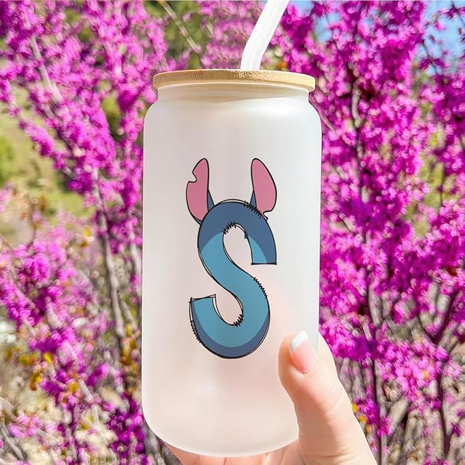 Cute Cartoon Lover Gifts Initial A-Z Personalized Iced Coffee Cup Cartoon Merch 16oz Glass Cup with Lid and Straws Birthday Christmas Gifts for Women Teen Girls Fans (Letter S)