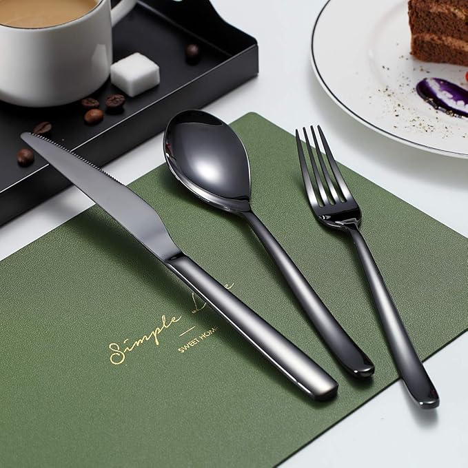 Stainless Steel Black Flatware Set - 20 Piece Service for 4, Titanium Plated Cutlery with Shiny Black Finish