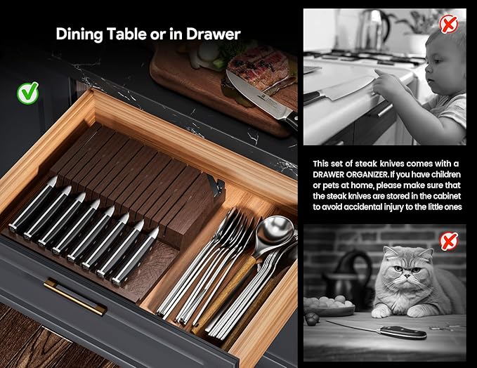 Steak Knives Set of 8 with Drawer Organizer Built-in Sharpener, 4.6 Inch Non Serrated Dinner Knife, Forged German Steel Damascus Pattern Straight Edge Meat Knife with Full Tang Handle, Black