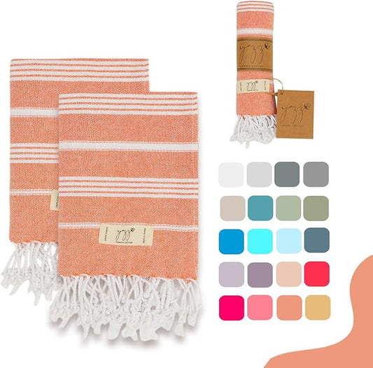 Turkish Hand Towels - Set of 2, 18" x 30" inches, Bathroom & Decorative Cotton Hand Towels or Kitchen Dishcloth, Tea, Yoga, Face, Gym (Orange)