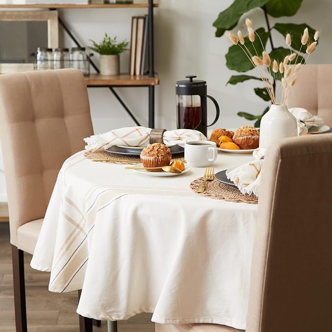 DII French Stripe Dining Table Collection Farmhouse Style Tablecloth, 70 Inches Round, White Chambray