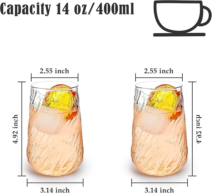 Koythin 2-Piece Ribbed Glass Cups, Vintage Drinking Glassware for Iced Coffee Juice Cocktails Milk Tea Beer, 14 oz/400 ml Cute Cute Bubble Cup with Spiral Tree Texture (Irregular Twill)