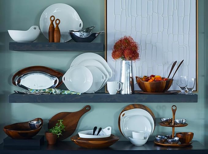 Nambe Portables 11" Round Serving Bowl - White Stoneware with Open Handle for Easy Serving & Carrying, Stackable Modern Tableware for Dining, Entertaining, Kitchen Storage, Stylish Home Accessory