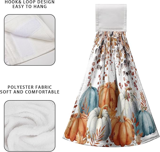 Fall Pumpkins Kitchen Hand Towels with Loop 2 Pcs Autumn Leaves Pumpkin Hanging Dish Towels Soft Absorbent Tie Towel Dishcloths for Bathroom Kitchen Washroom 17 x 12 in