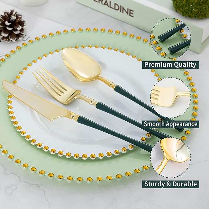 Lullaby 150pcs Gold Plastic Silverware, High End Disposable Cutlery with Dark Green Handle Include 50 Forks, 50 Spoons, 50 Knives, Elegant Silverware for Wedding, Party, Gathering and Daily Use
