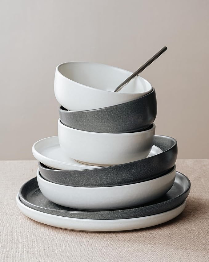 Famiware Milkyway Plates and Bowls Sets, 12 Pieces Dinnerware Sets, Reactive Glaze Dish Set, Stoneware Dishes Set for 4, Matte Beige White & Matte Dark Charcoal