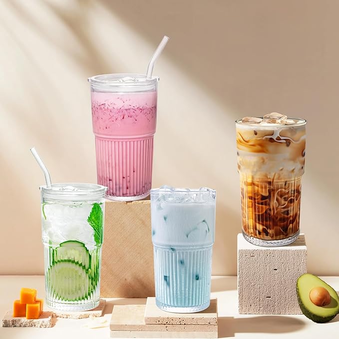 18.5oz Glass Cups with Lids and Straws - Set of 4 Reusable Tumblers, Thickened Shatter-Resistant Glass, Ideal for Iced Coffee, Smoothies, Cocktails, Juices - Elegant & Durable Drinkware