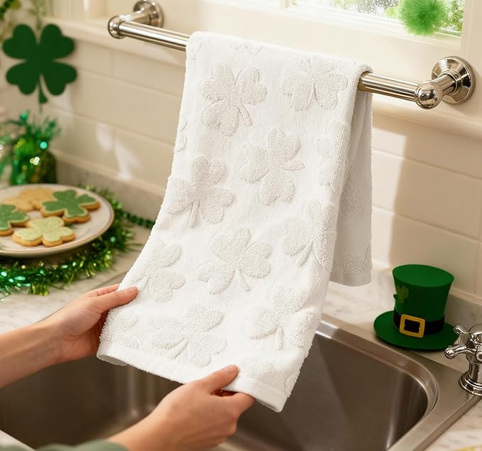 Artoid Mode 1 Pc Beige 3D Shamrock Jacquard Patrick Hand Towels for Bathroom, 100% Cotton Soft Absorbent Bathroom Decor Towels, 13.7 x 29.5 Inch