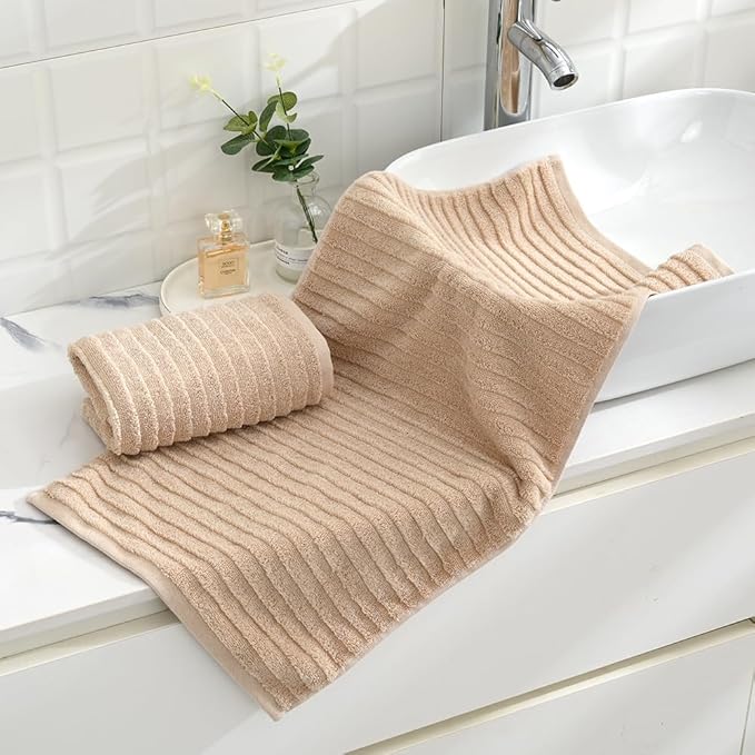 sense gnosis Super Soft Jacquard Luxury Hand Towel Stereoscopic Ladder Striped 100% Cotton Absorbent Decorative Hand Towel for Bathroom 13 x 29 Inch (Khaki, 2 Pack)