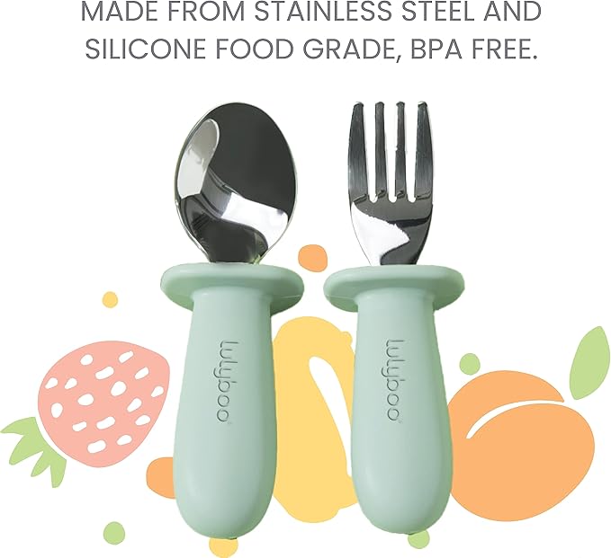 Lulyboo Baby Silverware Set - Stainless Steel Fork & Spoon with Easy-Grip Handles, BPA-Free, Dishwasher Safe, Perfect for Tots 4+ Months, Self-Feeding Utensils for Infant & Toddler, Green