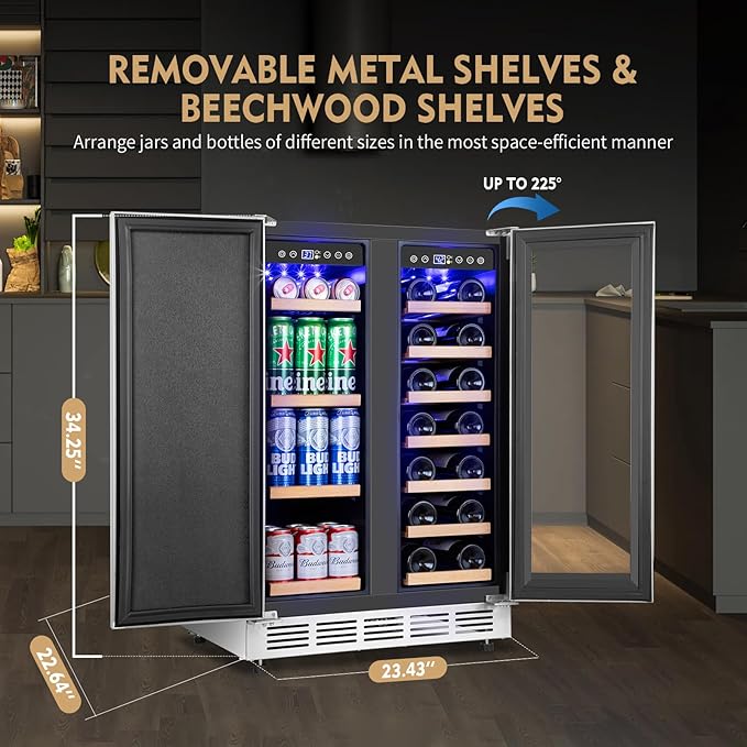 Wine and Beverage Refrigerator, 24 Inch Stainless Steels Beverage Fridge Dual Zone, Wine Beverage Cooler Built-in or Freestanding with Upgraded Cooling, 20 Bottles and 88 Cans Large Capacity