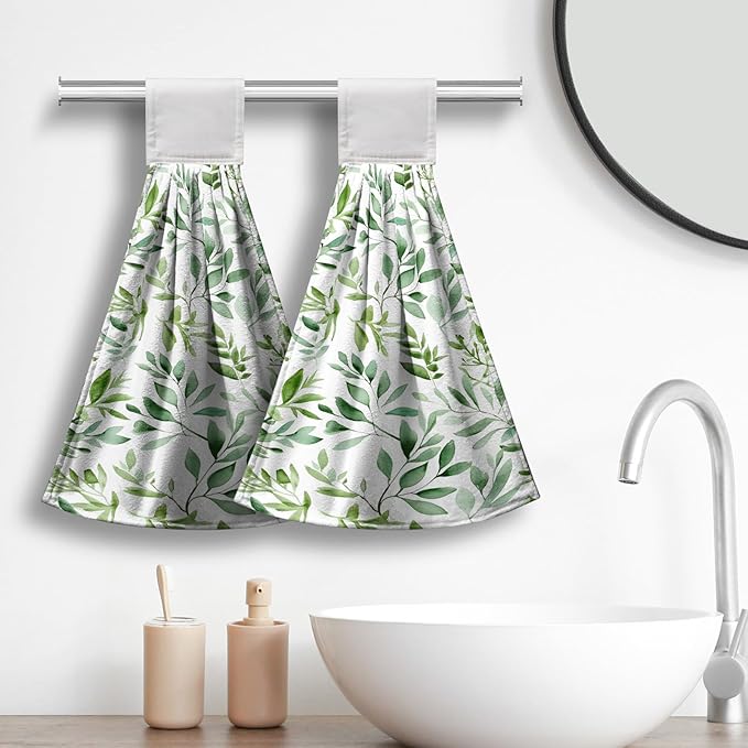Spring Green Leaves Hanging Hand Towels Watercolor Eucalyptus Leaf Tie Towel Summer Hanging Dish Towels Absorbent Washable Kitchen Towel with Loop for Bathroom Kitchen