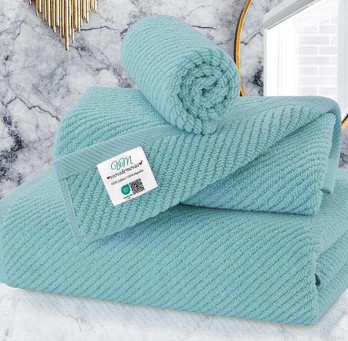 VOOVA & MOVAS Bathroom Towels Set, 100% Cotton | Quick Dry | Soft | Thick, 3 Piece Towel Set, 1 Large Bath 30" x 56", 1 Hand 18" x 28", 1 Wash Cloth 13" x 13", Bathroom Essentials, Aqua Teal
