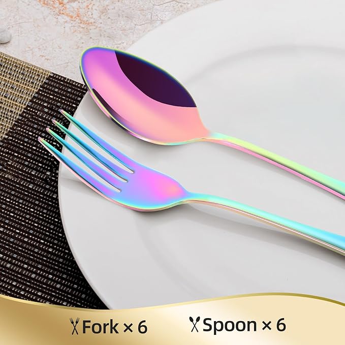 12 Pieces Spoons and Forks Set,Food Grade Stainless Steel Flatware Cutlery Set,6 Forks and 6 Spoons Silverware Set for Home,Kitchen,Restaurant-Mirror Polished & Dishwasher Safe(Rainbow)