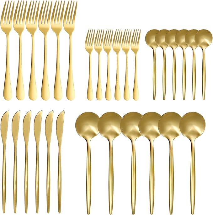 30 Piece Gold Silverware Set, Flatware Set for 6, Forks Spoons Set, Food-Grade Stainless Steel Cutlery Set (Gold)
