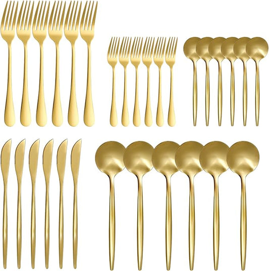 30 Piece Gold Silverware Set, Flatware Set for 6, Forks Spoons Set, Food-Grade Stainless Steel Cutlery Set (Gold)