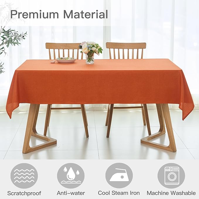 maxmill Linen Textured Rectangle Tablecloth Water Resistant Wrinkle Free Spillproof, Soft Fall Table Cloth for Thanksgiving Party Harvest Holiday Tablecloths Halloween Decoration, 60 x 84 Inch Rust