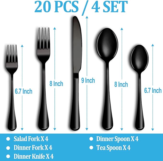 20 Pcs Black Silverware Set, Stainless Steel Flatware Set Service for 4, Mirror Polished Cutlery Utensil Set, Durable Home Kitchen Eating Tableware Set, Include Fork Knife Spoon Set, Dishwasher Safe