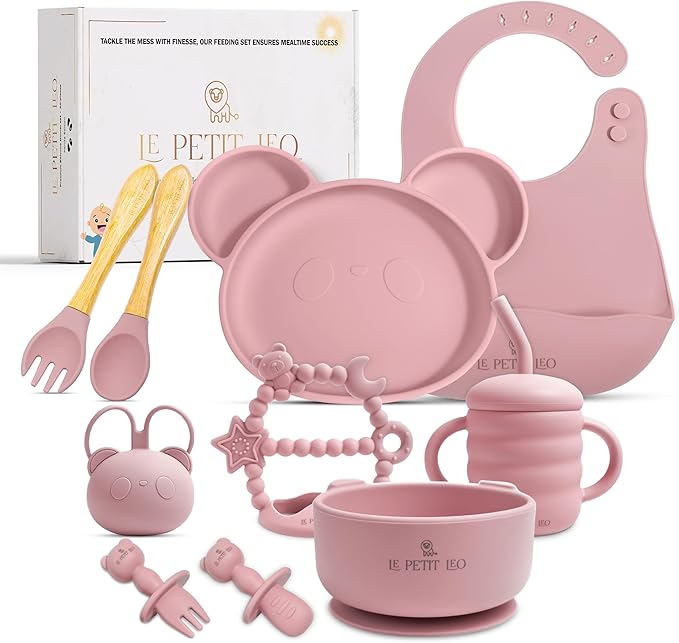 Silicone Baby Feeding Set - Complete Baby Led Weaning Supplies with Non-Toxic Silicone Bibs, Suction Plates, Suction Baby Bowl, Sippy Cup, Baby Spoons and Fork, Toddler Utensils (Angelic Pink)