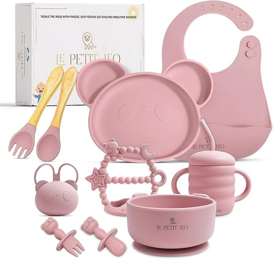 Silicone Baby Feeding Set - Complete Baby Led Weaning Supplies with Non-Toxic Silicone Bibs, Suction Plates, Suction Baby Bowl, Sippy Cup, Baby Spoons and Fork, Toddler Utensils (Angelic Pink)