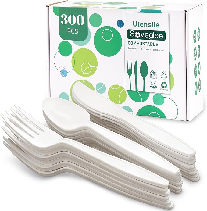 Compostable Utensils, White No Plastic Silverware, Compostable Cutlery 100 Forks 100 Spoons 100 Knives, No Plastic Disposable Silverware, Eco Friendly Disposable Cutlery for Party Office Wedding