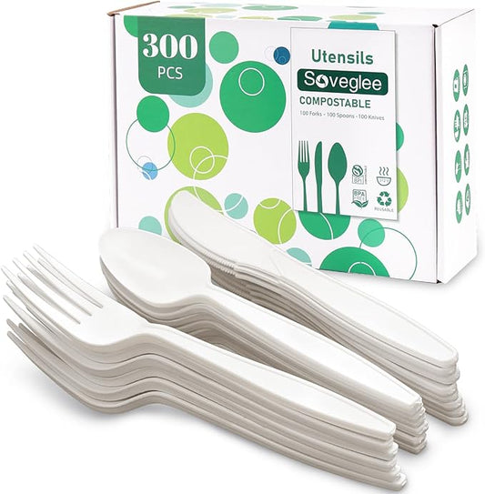 Compostable Utensils, White No Plastic Silverware, Compostable Cutlery 100 Forks 100 Spoons 100 Knives, No Plastic Disposable Silverware, Eco Friendly Disposable Cutlery for Party Office Wedding