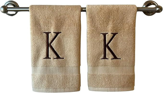Beige Initial Hand Towel for Bathroom - Monogrammed Luxury Hotel Quality Decorative Embroidered Towel for Powder Room, Spa - GOTS Organic Certified - Set of 2 Brown Letter K