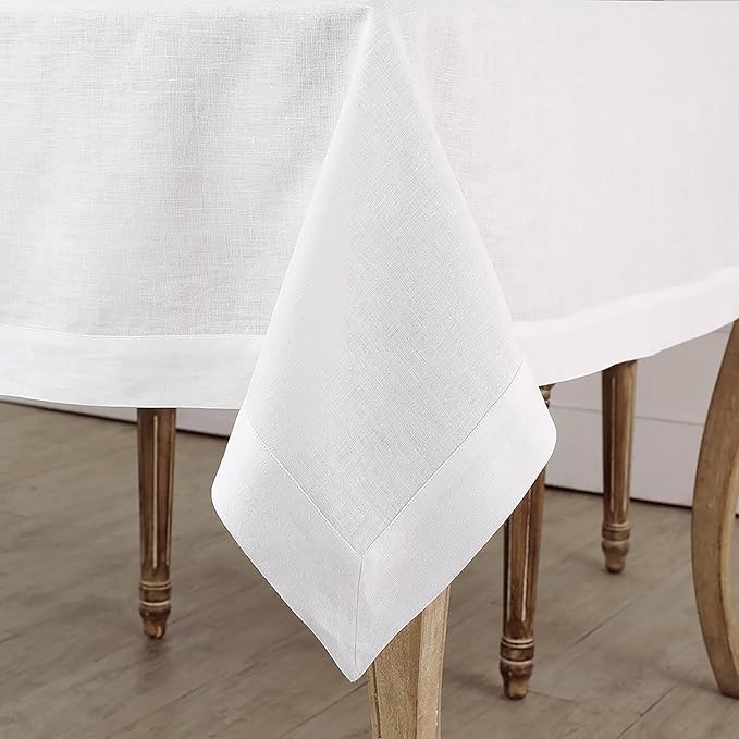Solino Home White Tablecloth 60 x 108 Inch - 100% Pure Linen Rectangular Tablecloth - Machine Washable Table Cloth for Winter, Valentines, Holiday, New Year - Fete