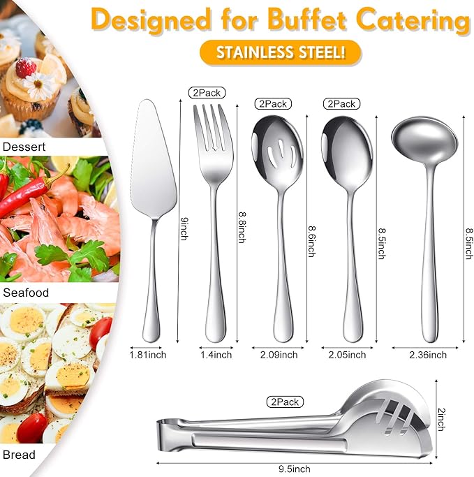 Patelai Serving Utensils Set Include Stainless Steel Large Spoons Slotted Spoons Forks Tongs Soup Ladle and Pie Server for Parties Buffet Catering, Dishwasher Safe(Silver,10 Pieces)