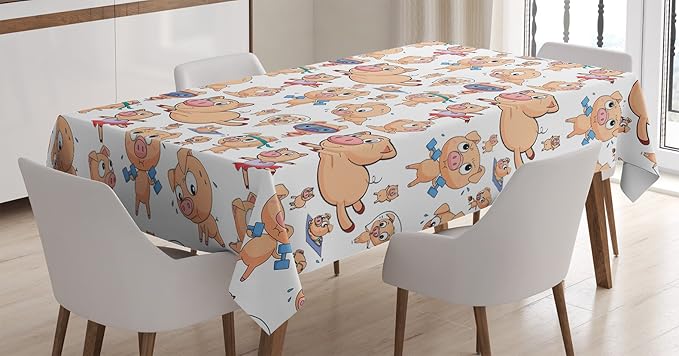 Ambesonne Pig Tablecloth, Different Actions Pigs Dancing Ballet Exercising Weight Lifting Running Skipping Image, Rectangular Table Cover for Dining Room Kitchen Decor, 52" X 70", Red Blue