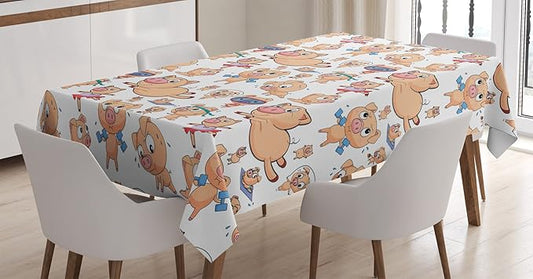 Ambesonne Pig Tablecloth, Different Actions Pigs Dancing Ballet Exercising Weight Lifting Running Skipping Image, Rectangular Table Cover for Dining Room Kitchen Decor, 60" X 84", Red Blue