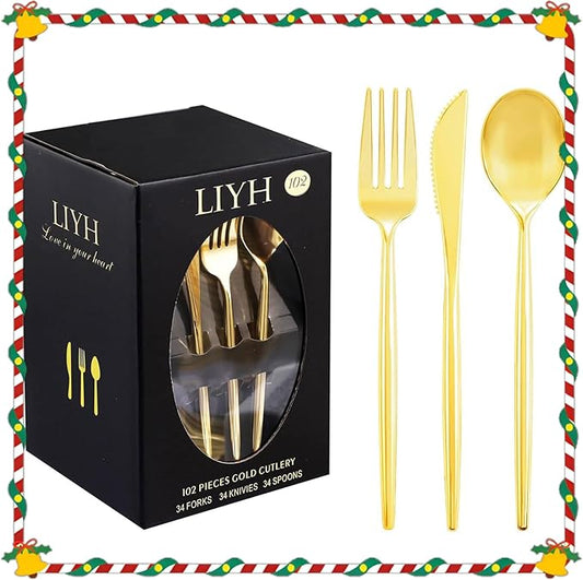 LIYH 102 Pcs Gold Plastic Silverware Disposable, Plastic Gold Utensils Heavyduty - Disposable Cutlery Includes Knives Forks and Spoons for Party, Birthday,Wedding Events