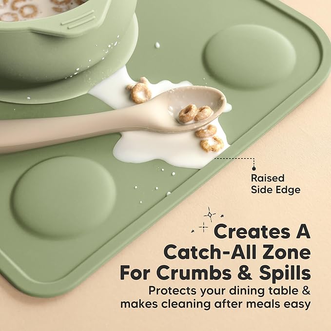 KeaBabies 2-Pack Silicone Placemats for Toddlers - 12x9 Non Slip Suction Baby Silicone Placemat for Kids Eating, Easy to Clean, Busy Travel Baby Mat for Dining Table, Food Grade/BPA-Free (Sage)