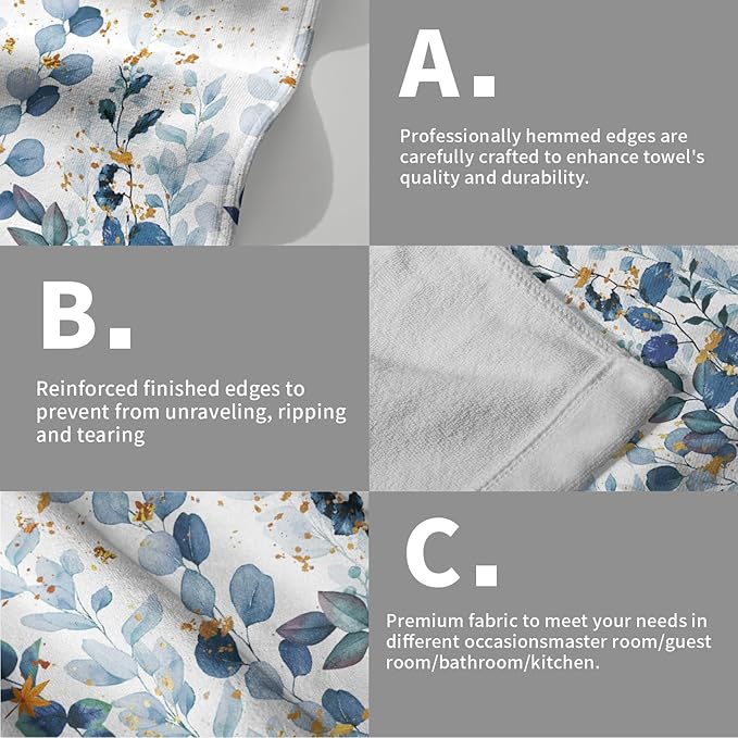 Imiss Blue Eucalyptus Towels - Watercolor Blue Grey Leaves Botanical Decorative Kitchen Bathroom Towel 14.4"x28.3" Multipurpose Bath Guest Towels Set of 2 for Gym,Spa,Hotel Decor