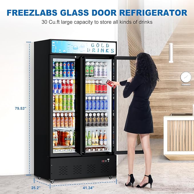 Commercial Glass Door Display Refrigerator 30 cu.ft Cooler Commercial Beverage Refrigerators with LED Light and 10 Shelves for Cafe, Restaurant, Store, Bar