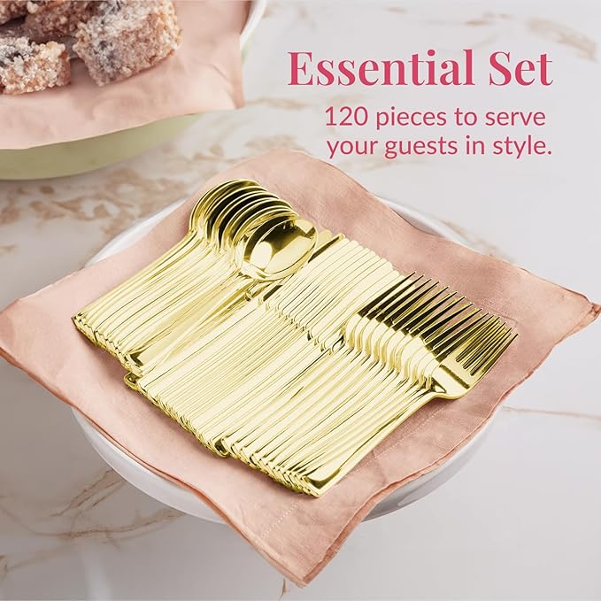 Prestee 120 Cutlery Set - Gold Plastic Silverware Set of 40 Forks, 40 Spoons, 40 Knives - Heavy Duty Plastic Utensils and Disposable Flatware - Elegant Knives Spoons and Forks Set for Events