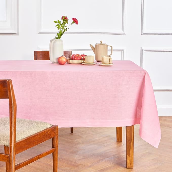 Solino Home Linen Tablecloth for Rectangle Tables 60 x 132 Inch - 100% Pure Linen Pink Lemonade Table Cloth - Fete, Machine Washable Cloth Tablecloth for Valentines